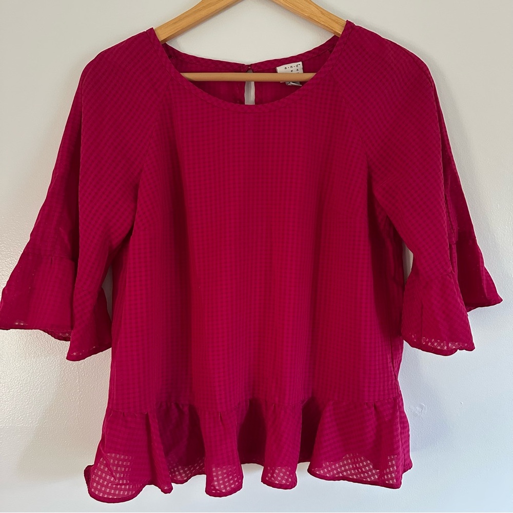 a new day pink 3/4 sleeve blouse ruffle edging